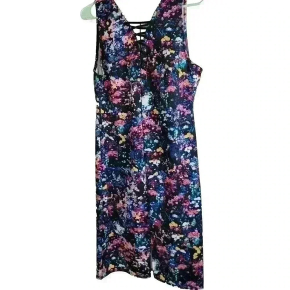 Belle Sky Womens Large Multicolor Floral Sleeveless Dress Lace Up Front Stretch - Picture 2 of 8